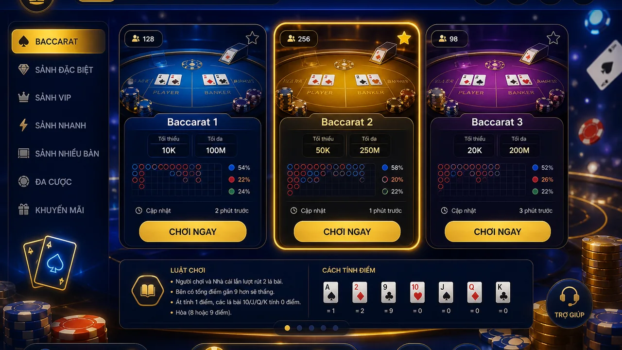 Chọn trải nghiệm dễ theo dõi: 98win baccarat trực tuyến chọn sảnh nào phù hợp?